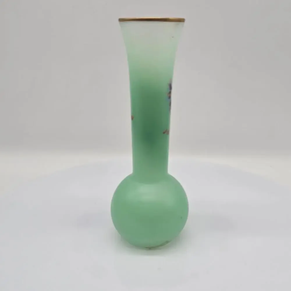 Vintage Frosted Glass Fluted Bud Vase with Flowers & Gold Rim Green 6